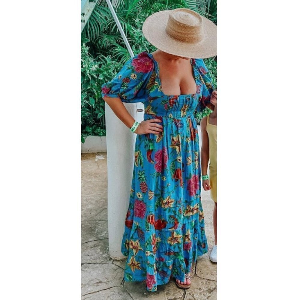 FARM RIO Toucans Garden Midi Dress in Blue Size Small